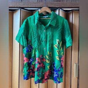 Serengeti (Size XL) Green Tropical Rayon Blouse Shirt Shirt Sleeve Floral Palms